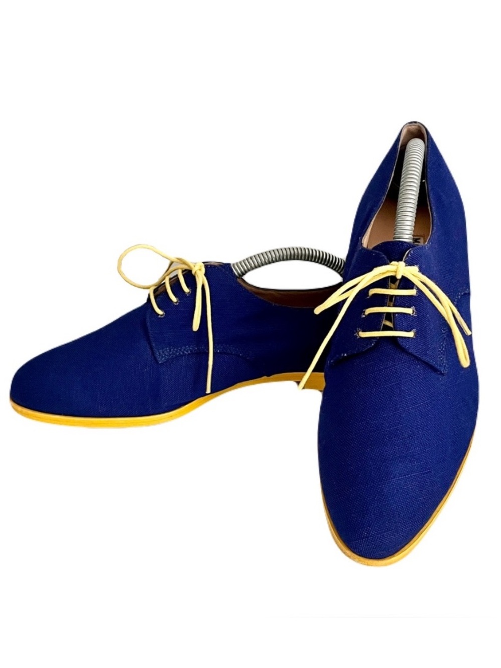 Manolo Blahnik Cobalt Blue Linen Yellow Lace Up Oxford Flats, Size 37.5